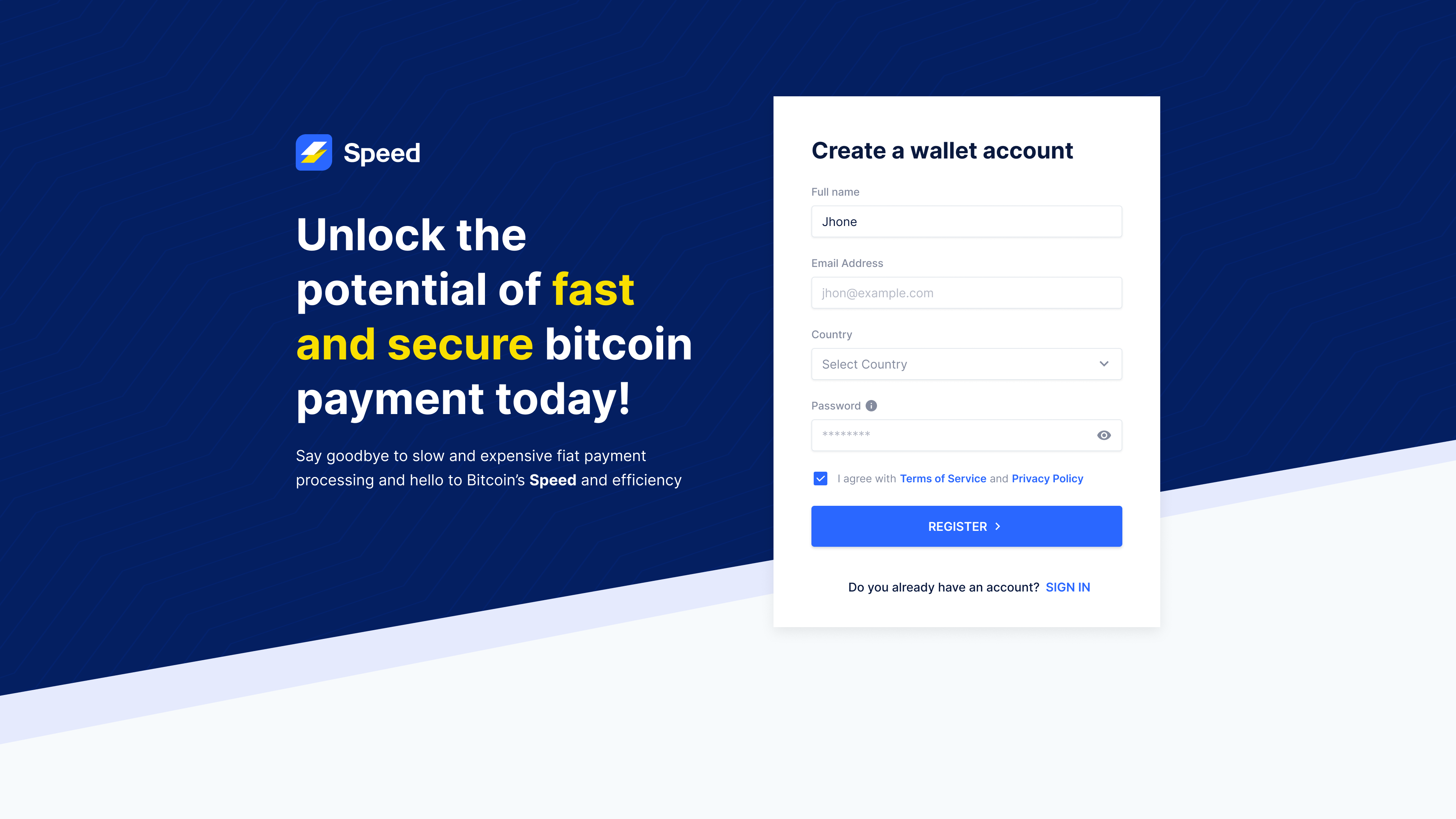Sign up - Speed Web App
